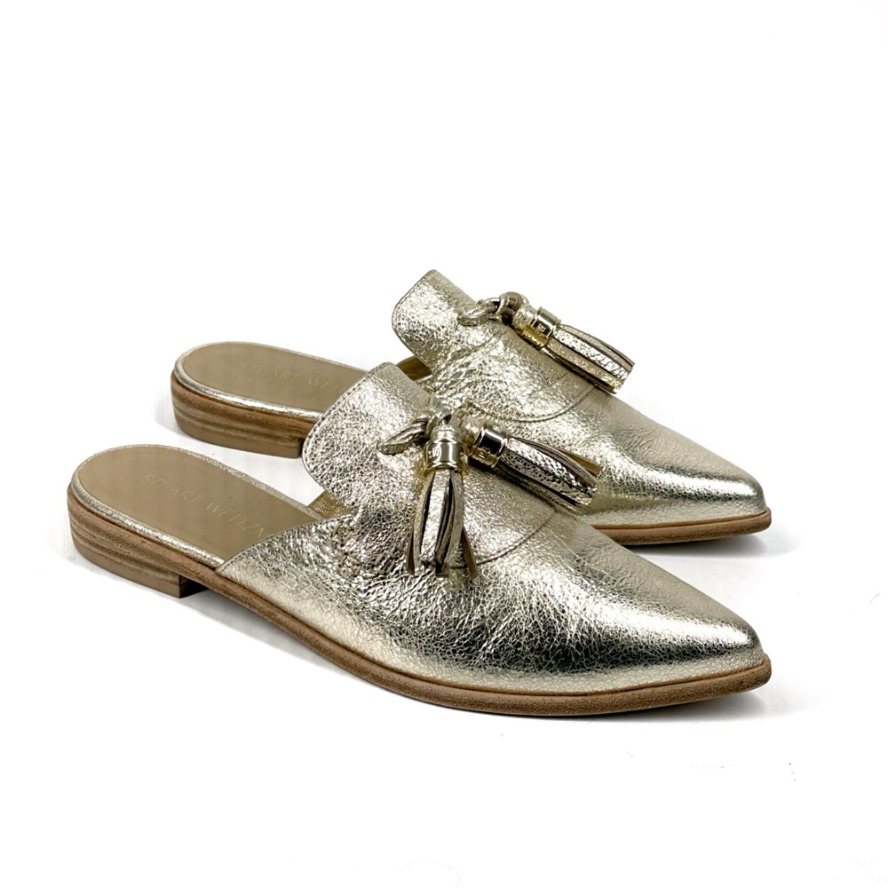 STUART WEITZMAN Slidealong Metallic Gold Leather Tassel Mules Flats Size 7